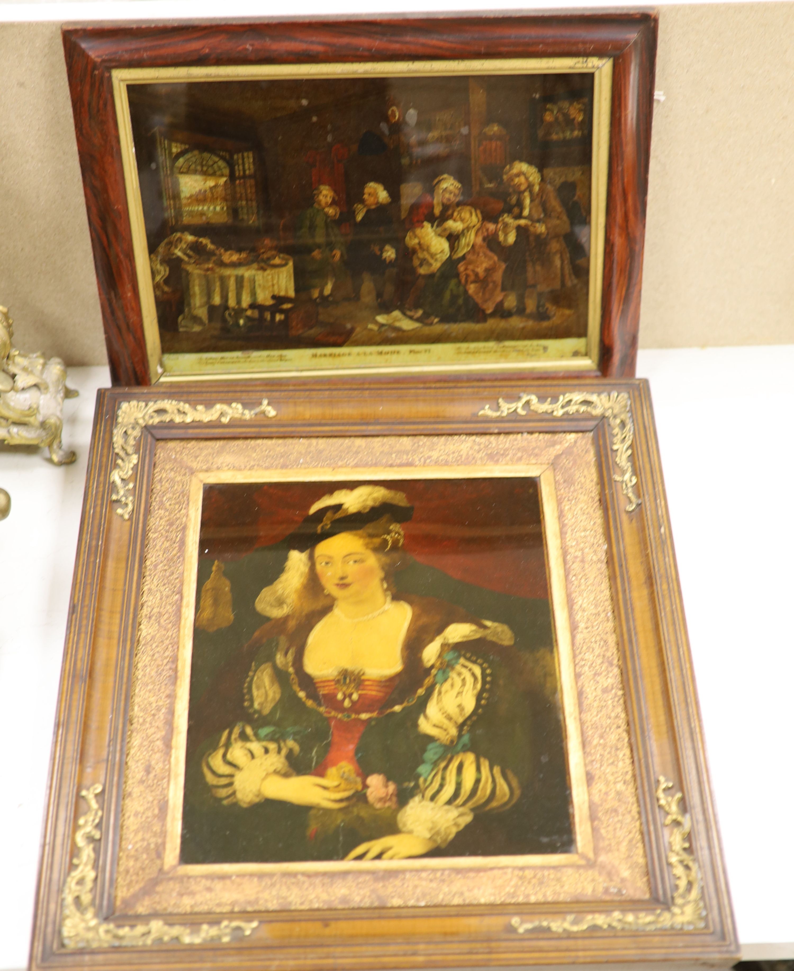 After William Hogarth, reverse print on glass, Marriage-à-la-Mode, plate 6, 25 x 35cm and a later reverse print on glass, Portrait of a lady, 35 x 27cm